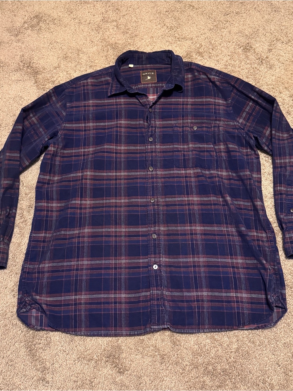 Orvis Corduroy Shirt Mens XL Blue Plaid Long Sleeve Button Up Outdoor Pocket